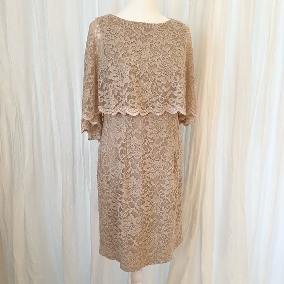 Jessica Howard Scalloped Shimmer Stretch Lace Capelet Dress Champagne 10P - Picture 4 of 9